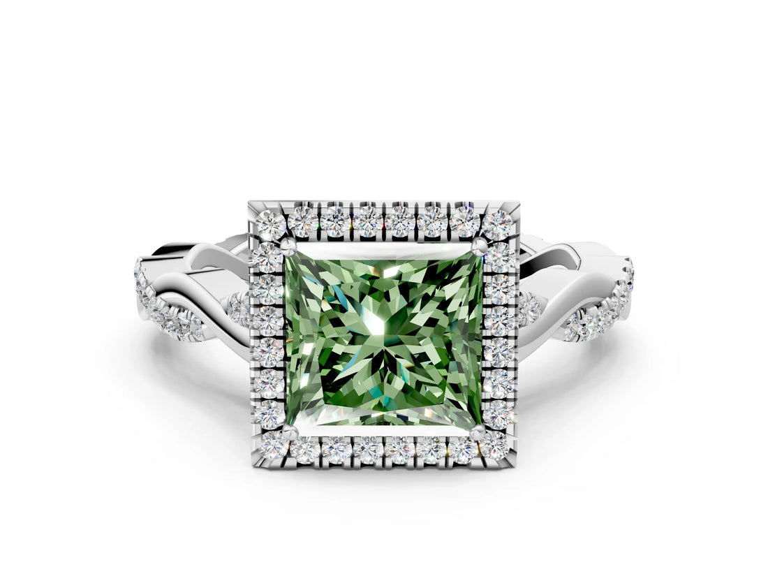 White gold Fancy Green Princess Cut Halo Twist Band with Four-Prong Setting_72