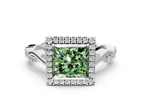 White gold Fancy Green Princess Cut Halo Twist Band with Four-Prong Setting_72