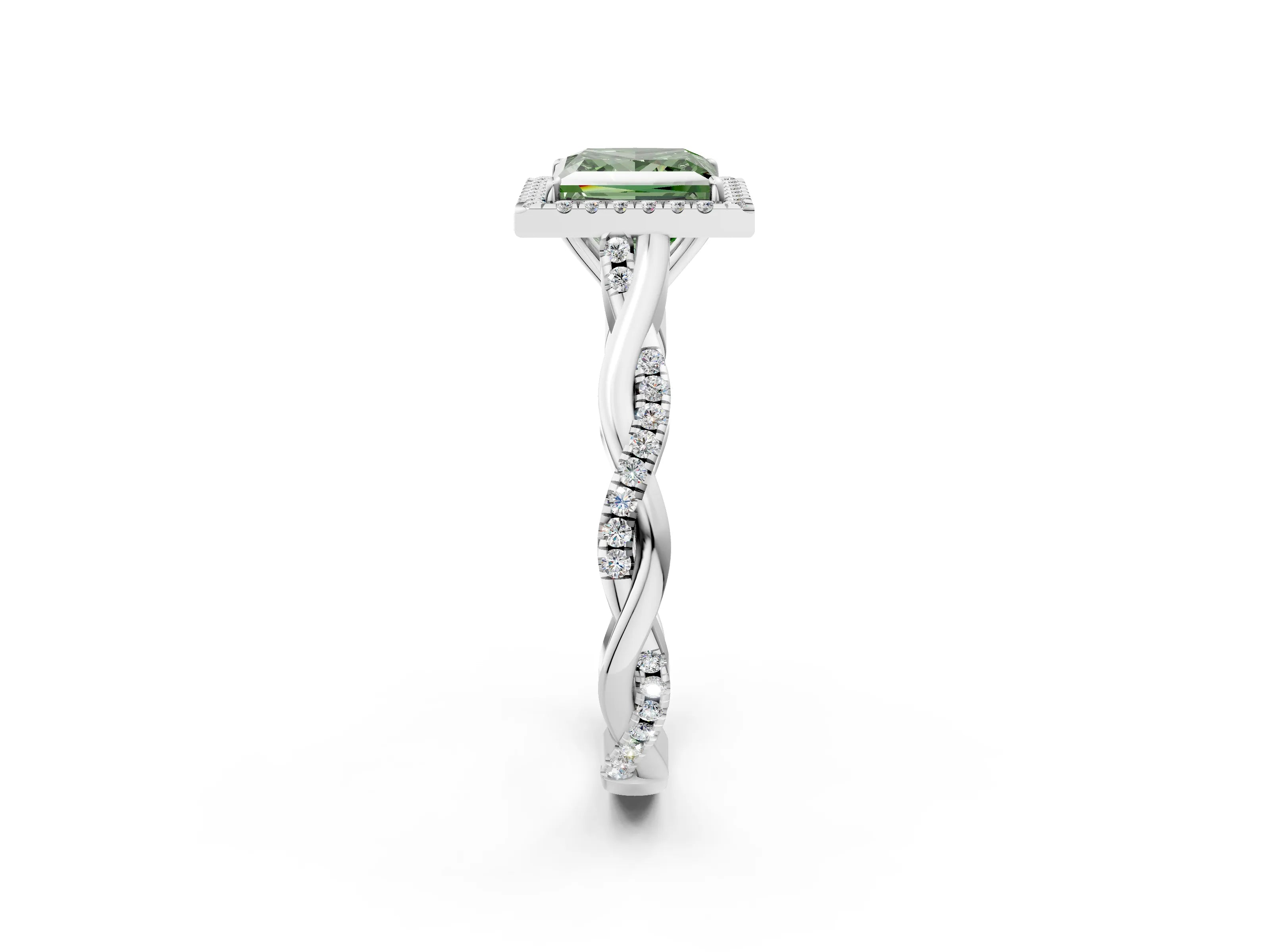 White gold Fancy Green Princess Cut Halo Twist Band with Four-Prong Setting_74