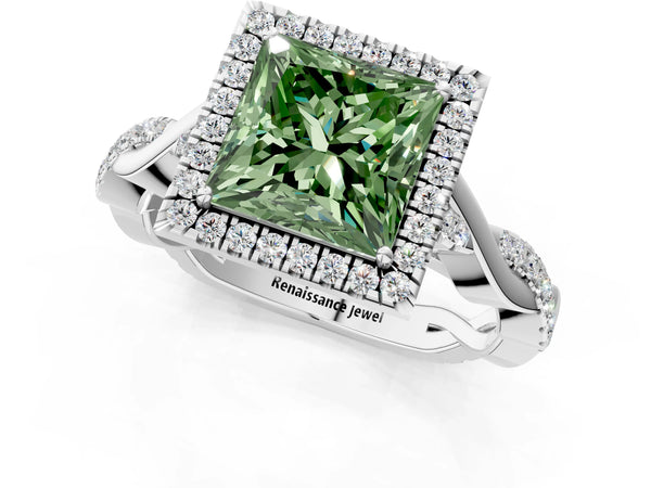 Platinum Fancy Green Princess Cut Halo Twist Band with Four-Prong Setting
