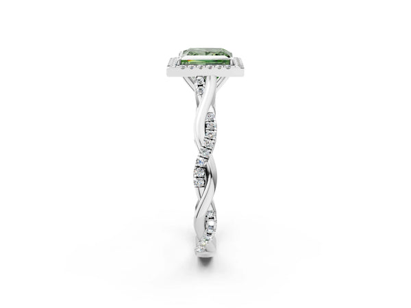 Platinum Fancy Green Princess Cut Halo Twist Band with Four-Prong Setting