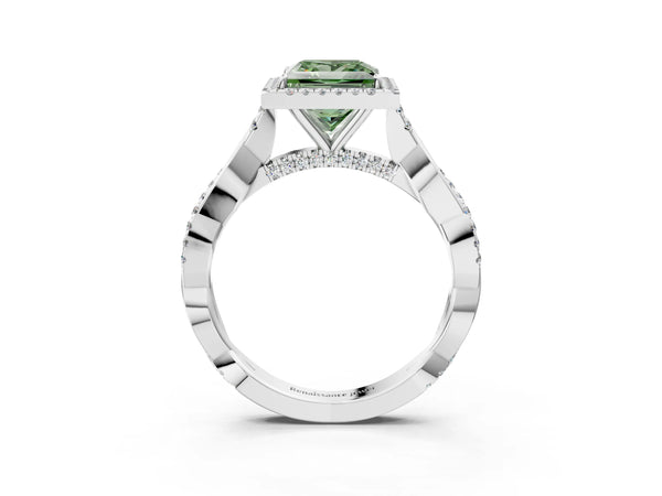 Platinum Fancy Green Princess Cut Halo Twist Band with Four-Prong Setting