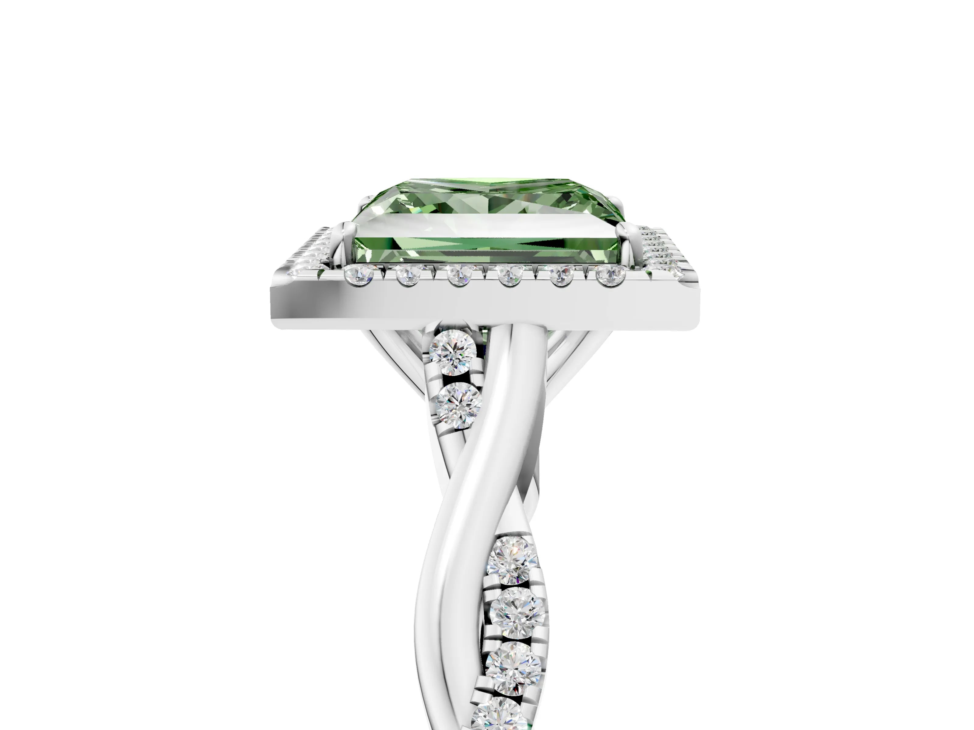 White gold Fancy Green Princess Cut Halo Twist Band with Four-Prong Setting_79