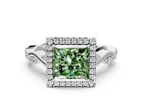 White gold Fancy Green Princess Cut Halo Twist Band with Four-Prong Setting