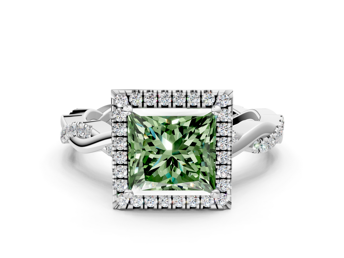 White gold Fancy Green Princess  Cut Halo Twisted Band Four-Prong Ring