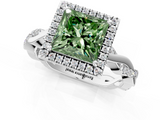 White gold Fancy Green Princess  Cut Halo Twisted Band Four-Prong Ring_1