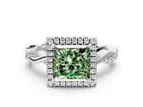 White gold Fancy Green Princess  Cut Halo Twisted Band Four-Prong Ring