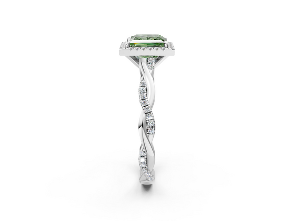 White gold Fancy Green Princess  Cut Halo Twisted Band Four-Prong Ring