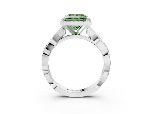 White gold Fancy Green Princess  Cut Halo Twisted Band Four-Prong Ring