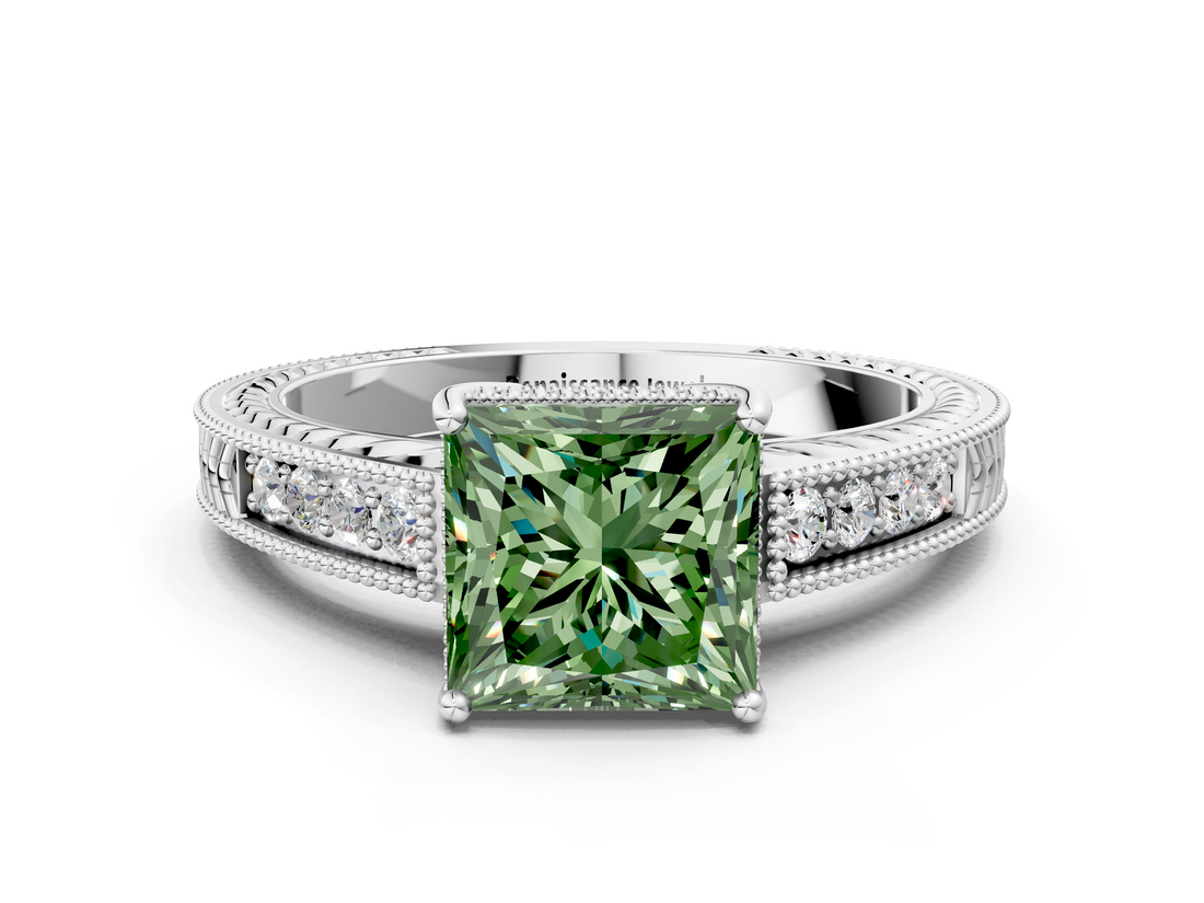 White gold Fancy Green Princess  Cut Milgrain Channel Set Engagement Ring with Solitaire Prong Setting