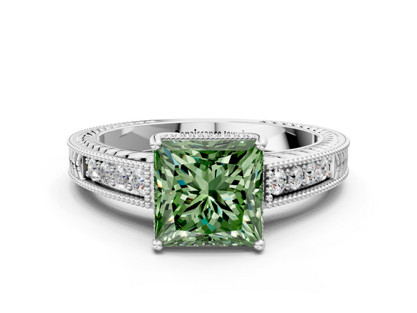 White gold Fancy Green Princess Cut Diamond Engagement Ring with Milgrain Channel Set Band and Prong Setting