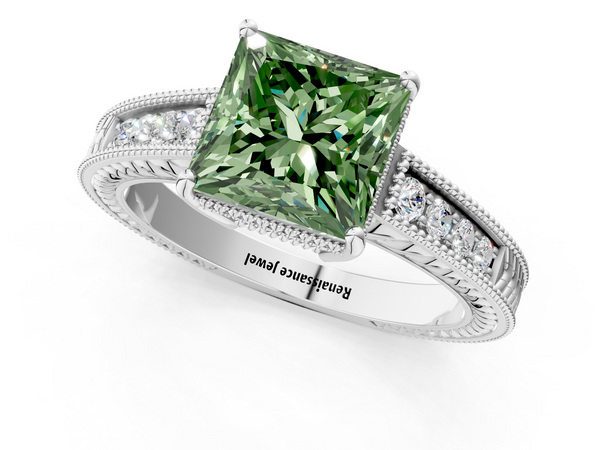 White gold Fancy Green Princess Cut Diamond Engagement Ring with Milgrain Channel Set Band and Prong Setting