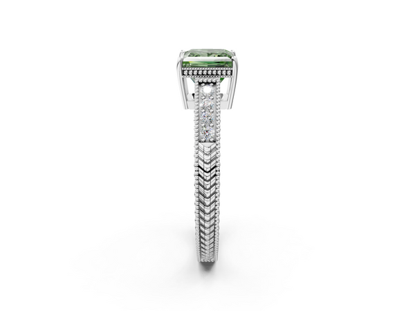 White gold Fancy Green Princess Cut Diamond Engagement Ring with Milgrain Channel Set Band and Prong Setting