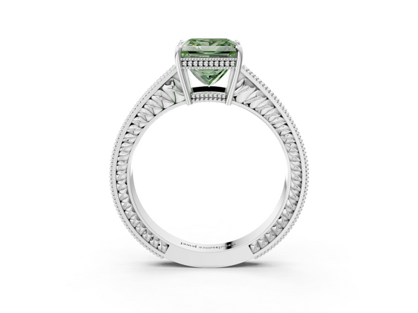 White gold Fancy Green Princess Cut Diamond Engagement Ring with Milgrain Channel Set Band and Prong Setting