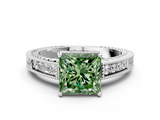 White gold Fancy Green Princess  Cut Milgrain Channel Set Engagement Ring with Solitaire Prong Setting