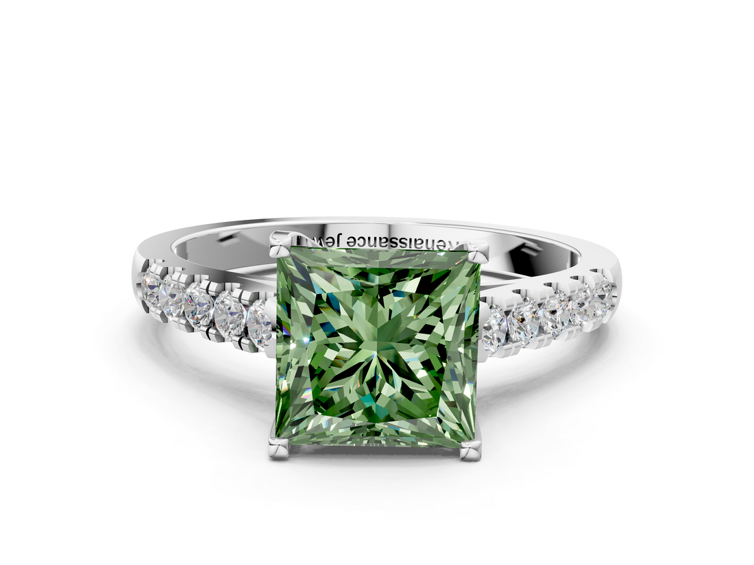 White gold Fancy Green Princess  Cut Pavé Band Solitaire Ring with Four-Prong Setting_23