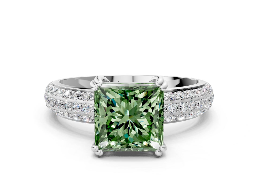 White gold Fancy Green Princess  Cut Pave Diamond Engagement Ring with Channel Set Band and Four-Prong Setting