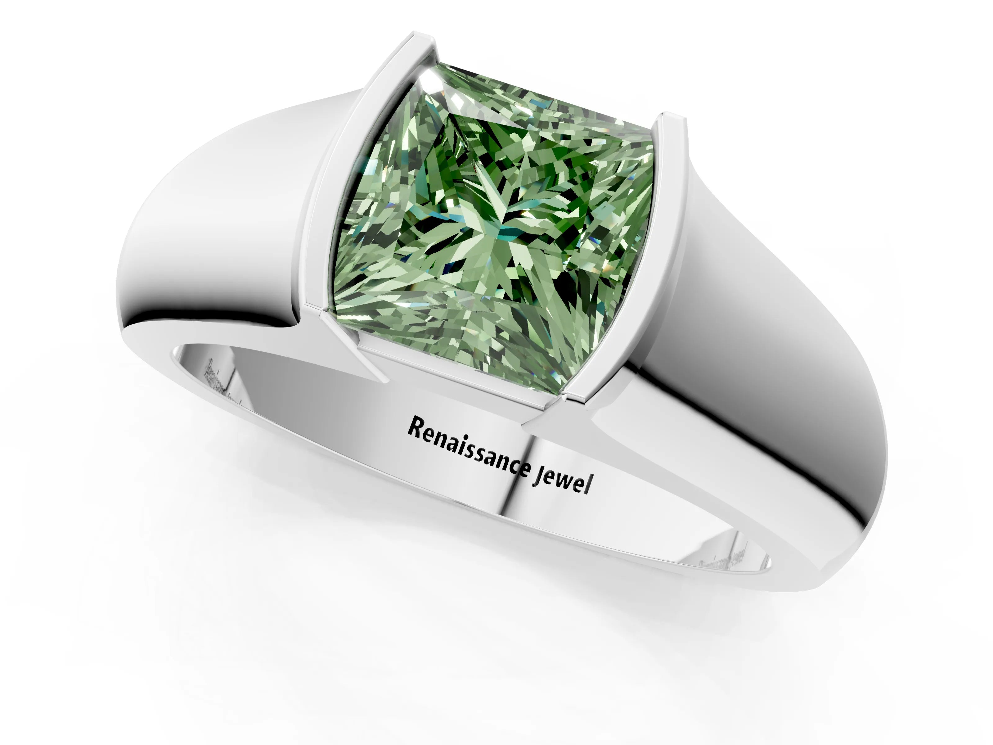 White gold Fancy Green Princess Cut Solitaire Bezel Set Diamond Ring with Wide Band_1