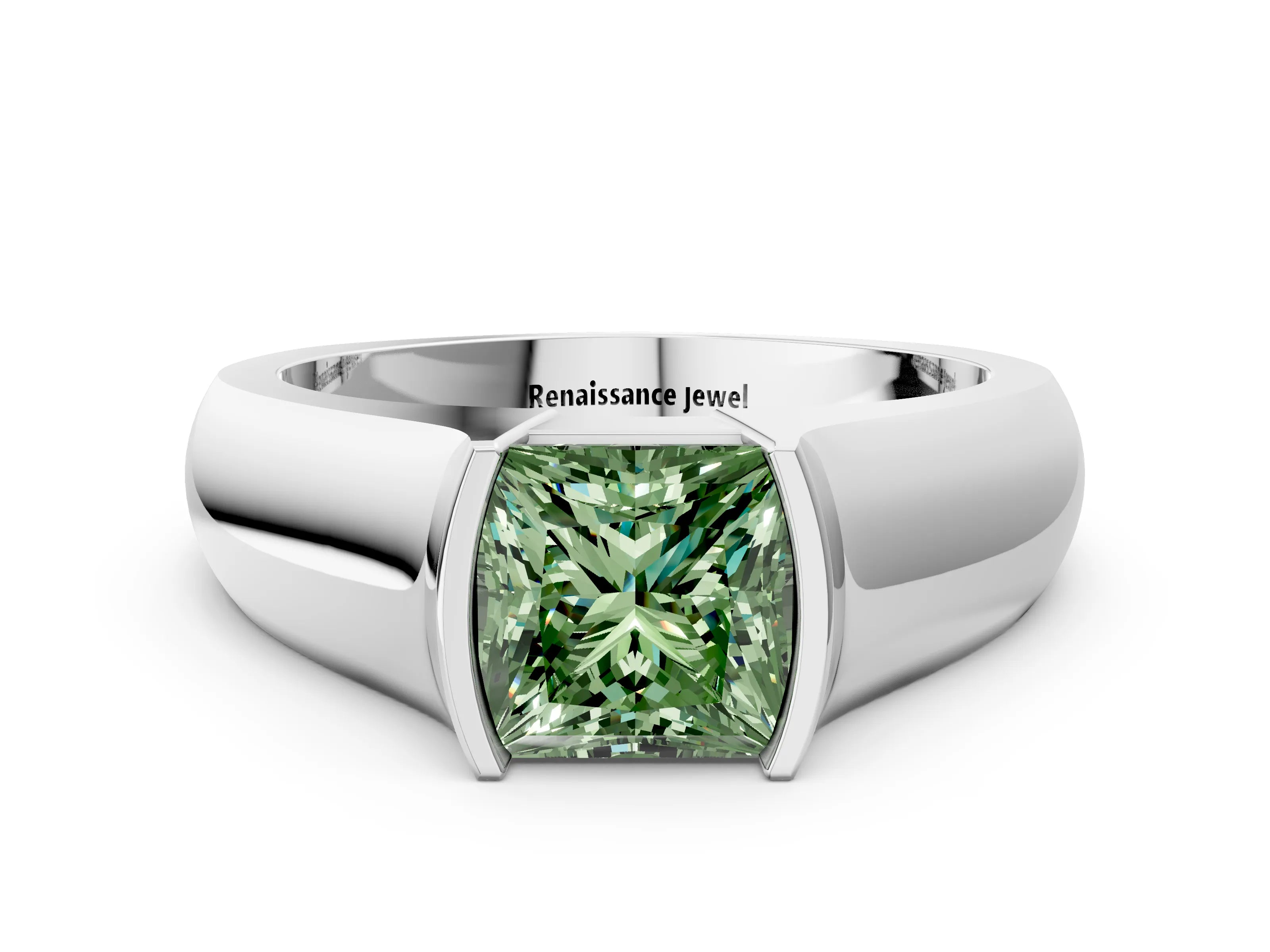White gold Fancy Green Princess Cut Solitaire Bezel Set Diamond Ring with Wide Band_12