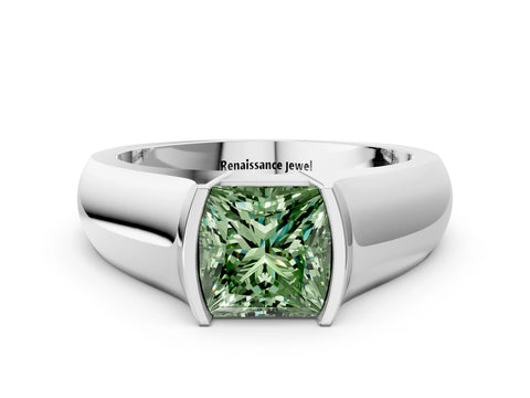 White gold Fancy Green Princess Cut Solitaire Bezel Set Diamond Ring with Wide Band_12