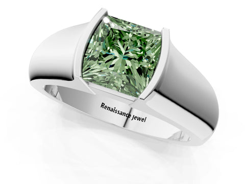 White gold Fancy Green Princess Cut Solitaire Bezel Set Diamond Ring with Wide Band_13