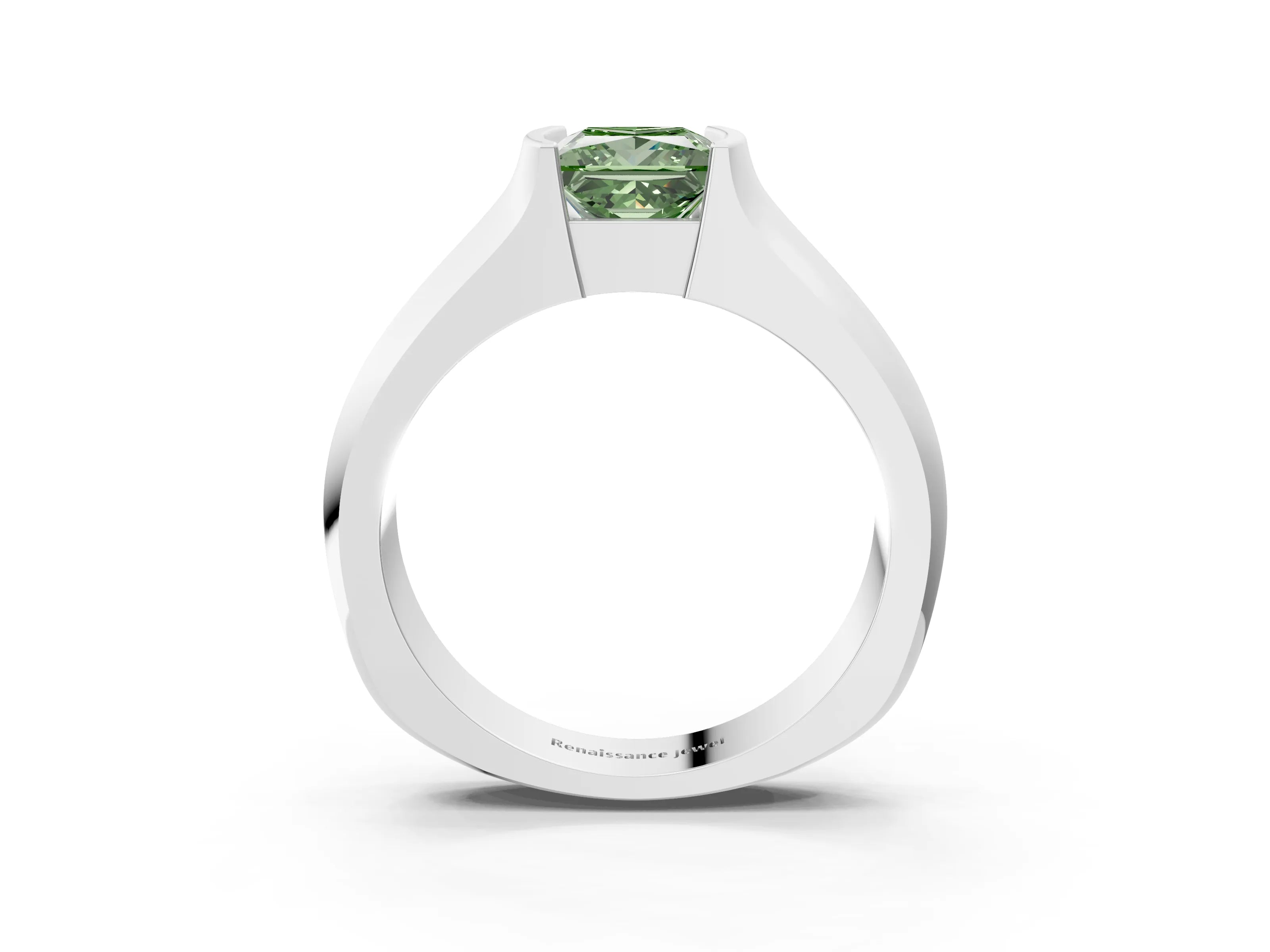 White gold Fancy Green Princess Cut Solitaire Bezel Set Diamond Ring with Wide Band_15