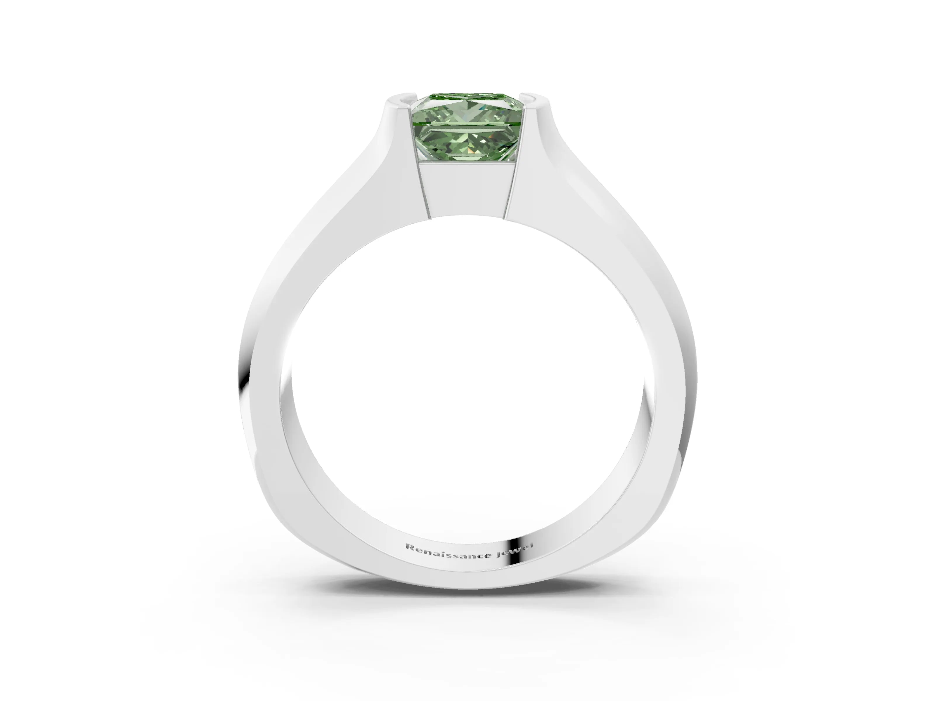 White gold Fancy Green Princess Cut Solitaire Bezel Set Diamond Ring with Wide Band_3