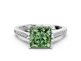 White gold Fancy Green Princess Cut Solitaire Cathedral Diamond Engagement Ring with Channel-Set Band and Four-Prong Setting_15