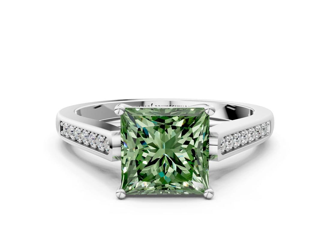 White gold Fancy Green Princess Cut Solitaire Cathedral Diamond Engagement Ring with Channel-Set Band and Four-Prong Setting_15