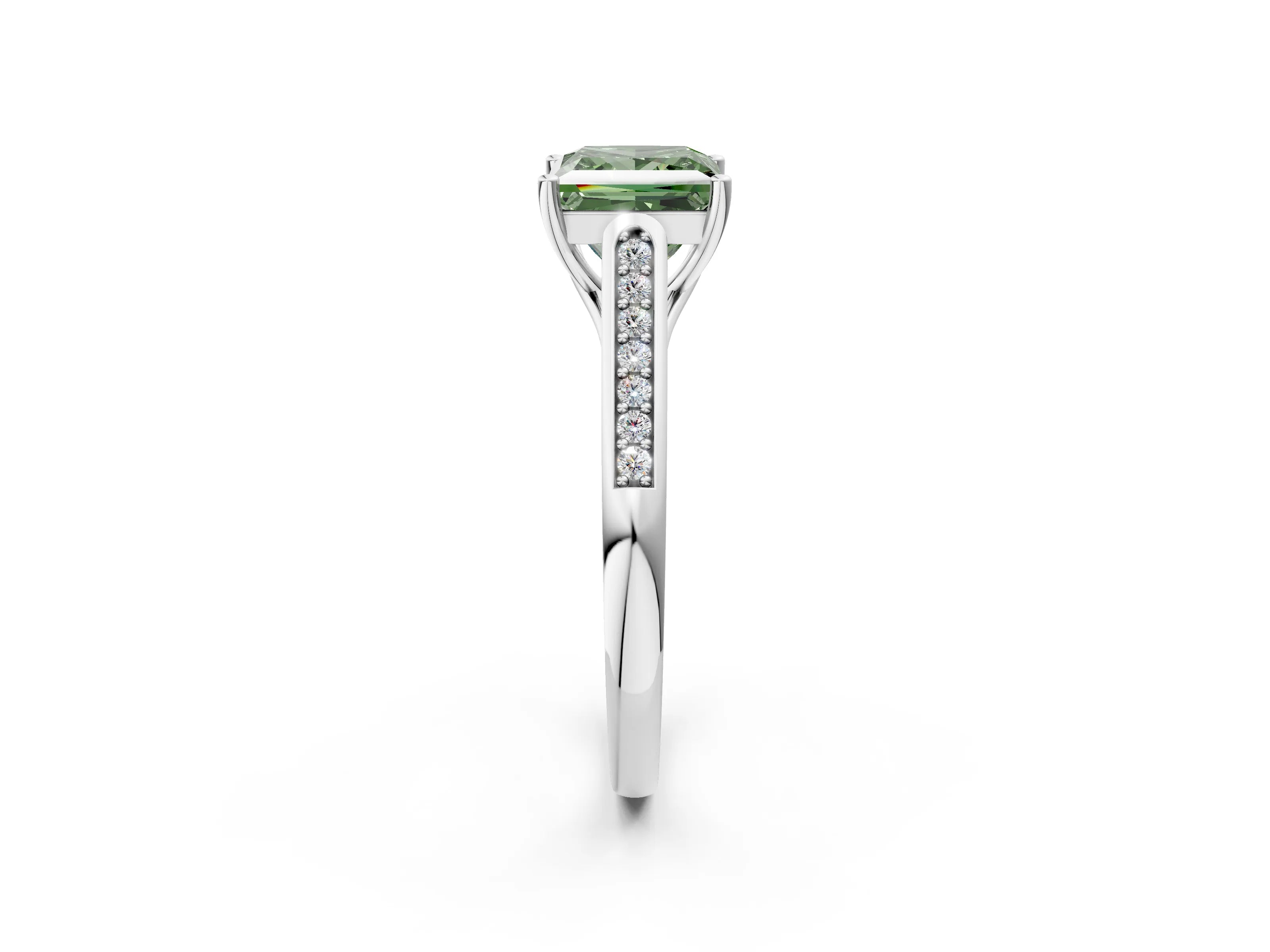 White gold Fancy Green Princess Cut Solitaire Cathedral Diamond Engagement Ring with Channel-Set Band and Four-Prong Setting_17