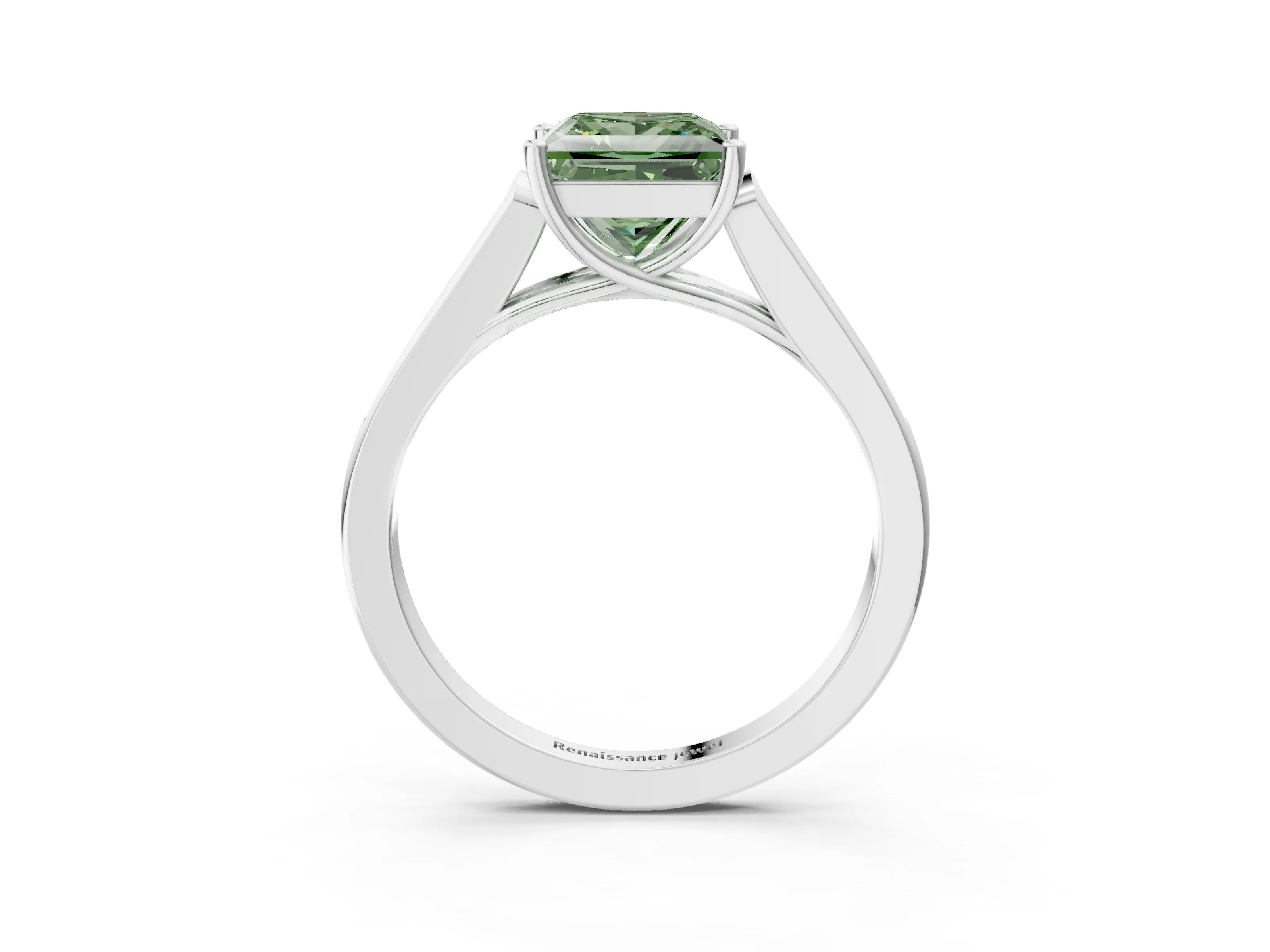 White gold Fancy Green Princess Cut Solitaire Cathedral Diamond Engagement Ring with Channel-Set Band and Four-Prong Setting_18