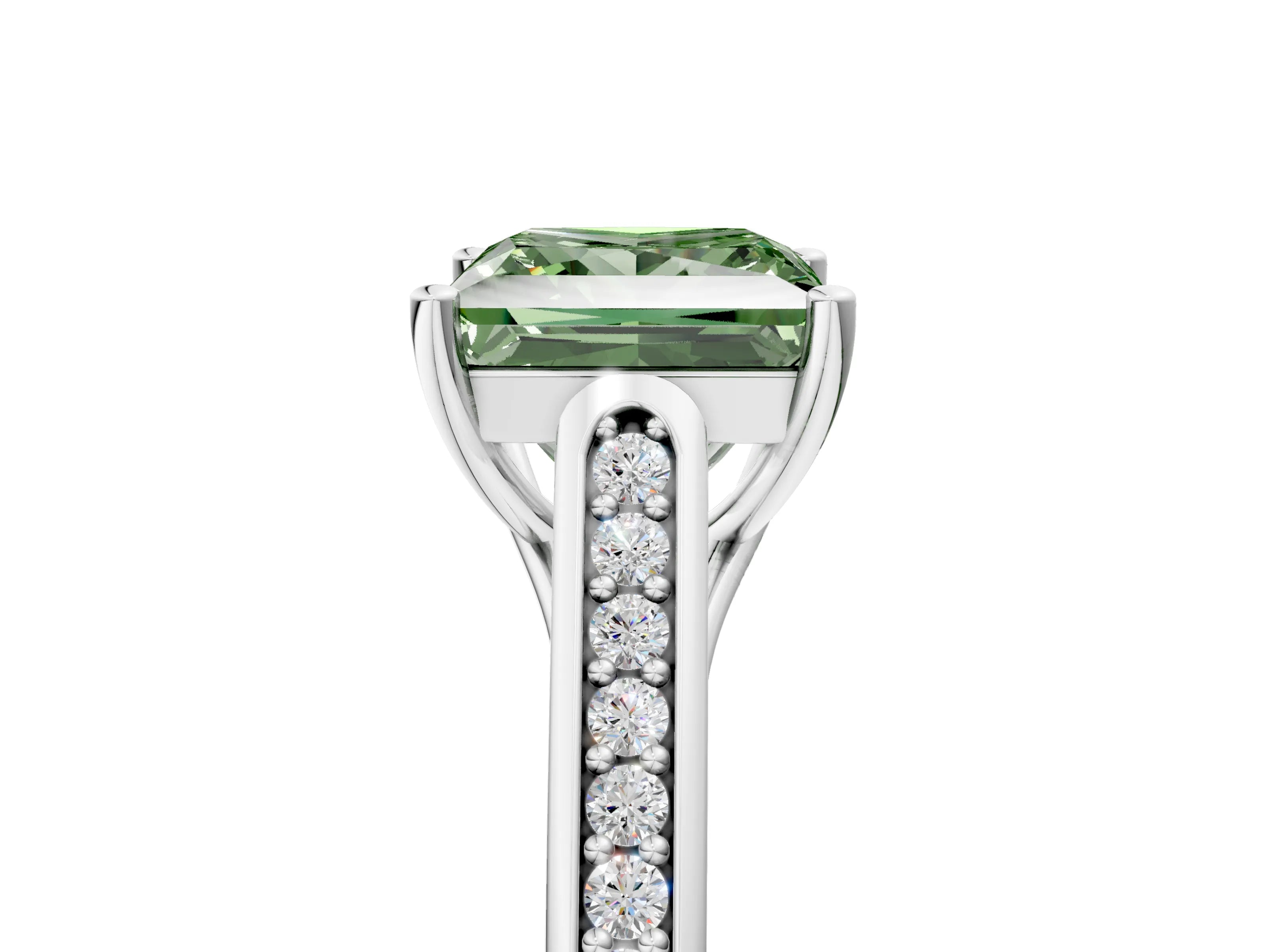 White gold Fancy Green Princess Cut Solitaire Cathedral Diamond Engagement Ring with Channel-Set Band and Four-Prong Setting_20