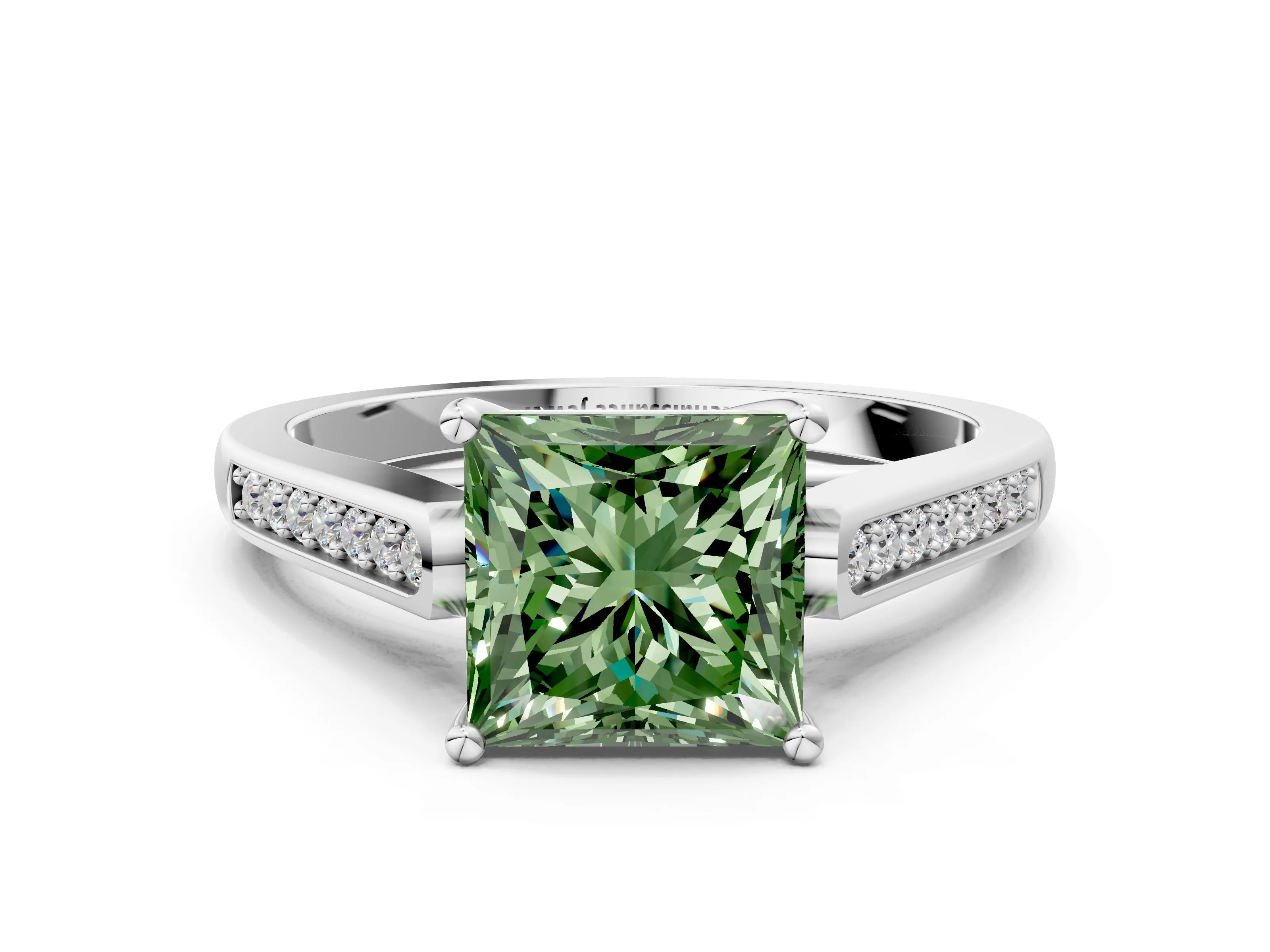 White gold Fancy Green Princess Cut Solitaire Cathedral Diamond Engagement Ring with Channel-Set Band and Four-Prong Setting_3