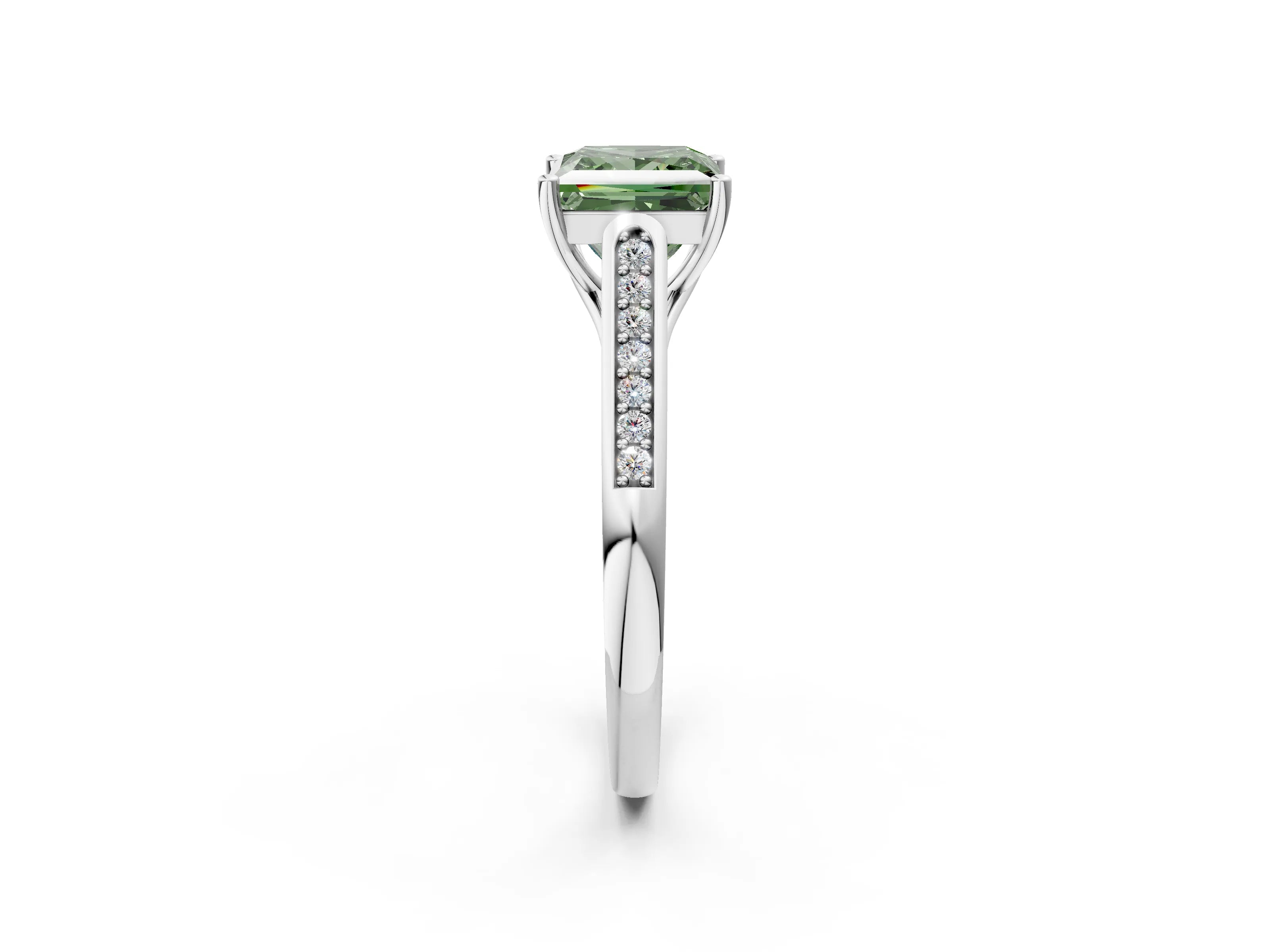 White gold Fancy Green Princess Cut Solitaire Cathedral Diamond Engagement Ring with Channel-Set Band and Four-Prong Setting_5