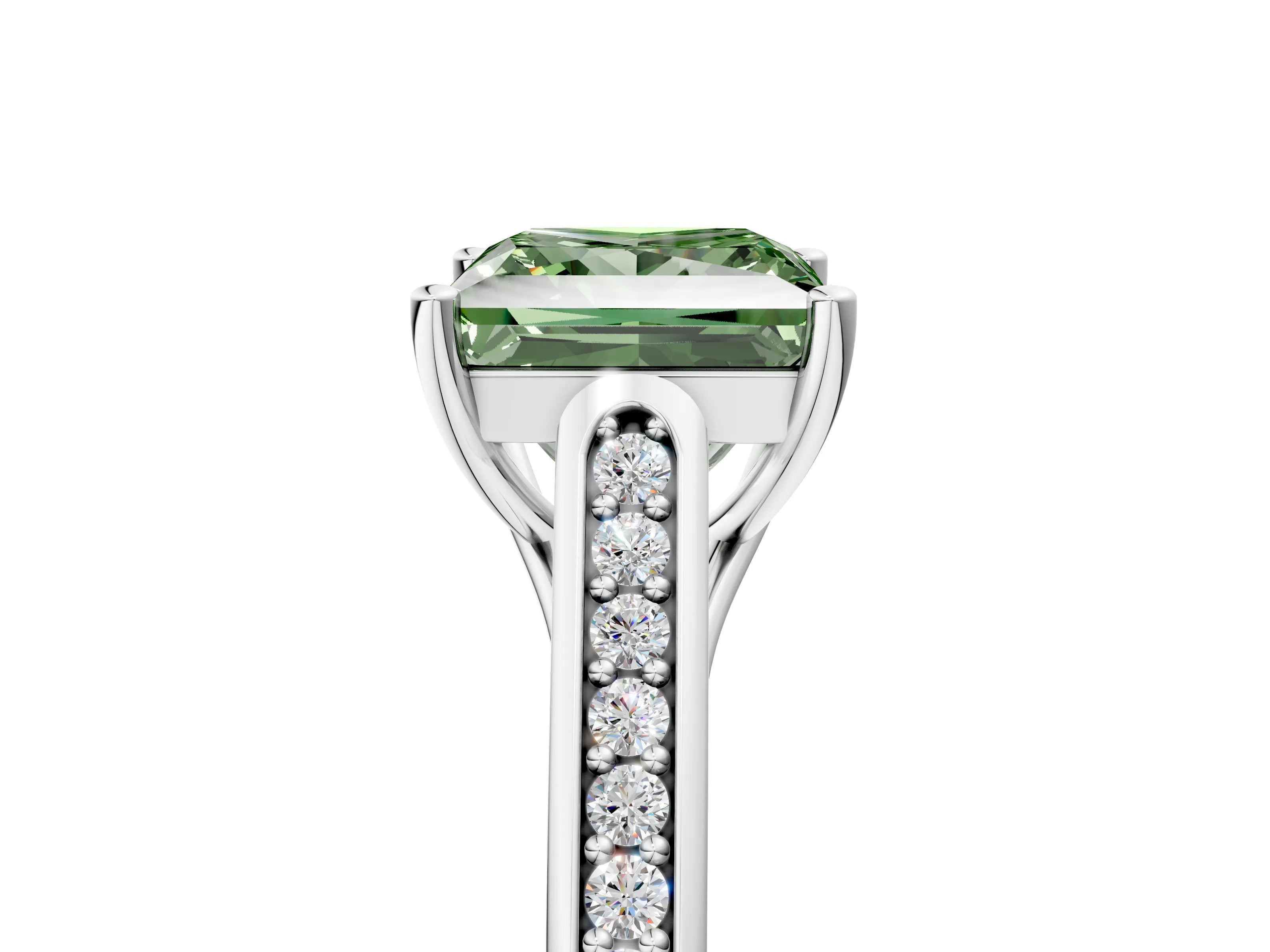 White gold Fancy Green Princess Cut Solitaire Cathedral Diamond Engagement Ring with Channel-Set Band and Four-Prong Setting_8