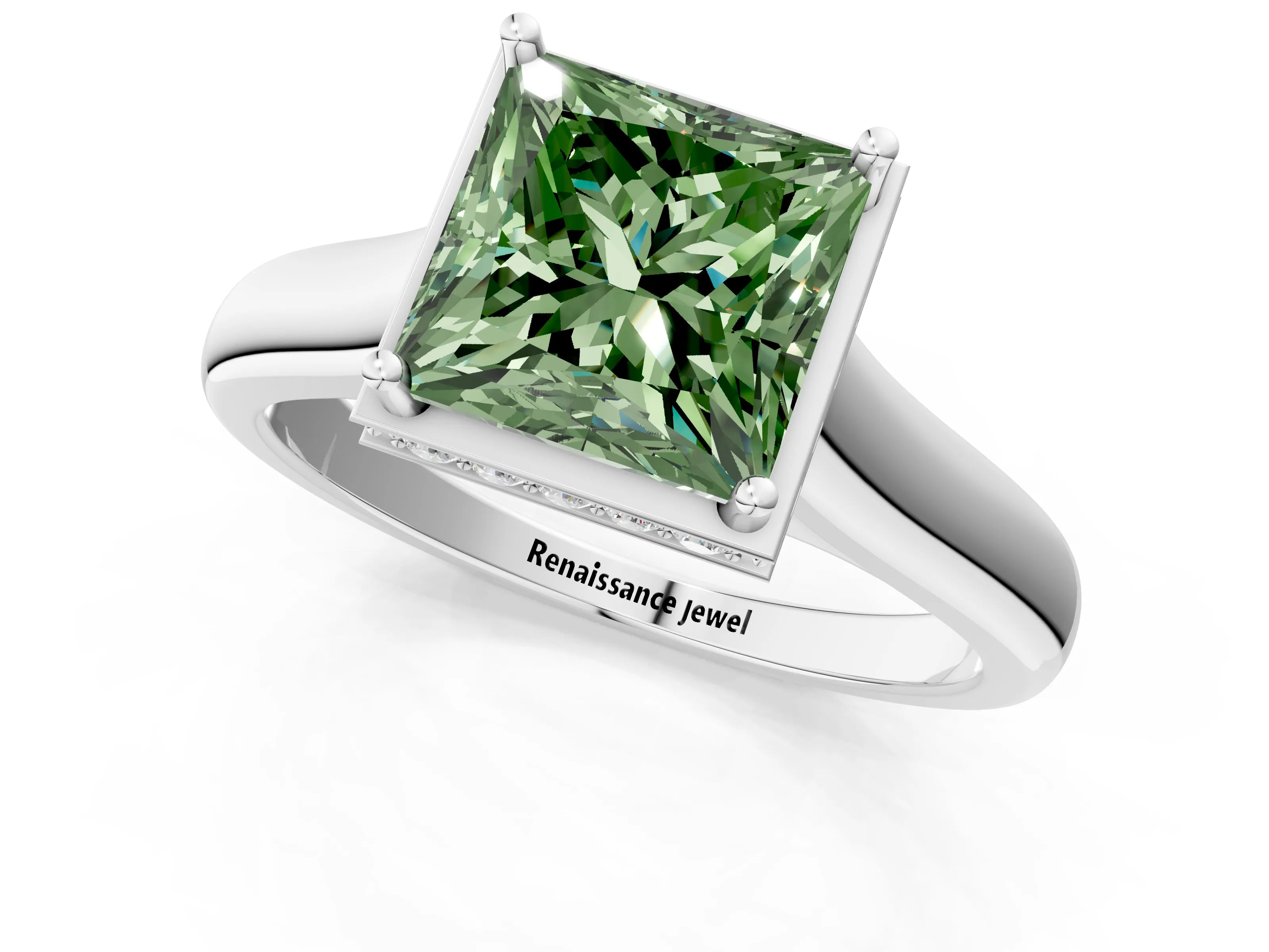 White gold Fancy Green Princess Cut Solitaire Diamond Engagement Ring with Four-Prong Setting and Tapered Band_13