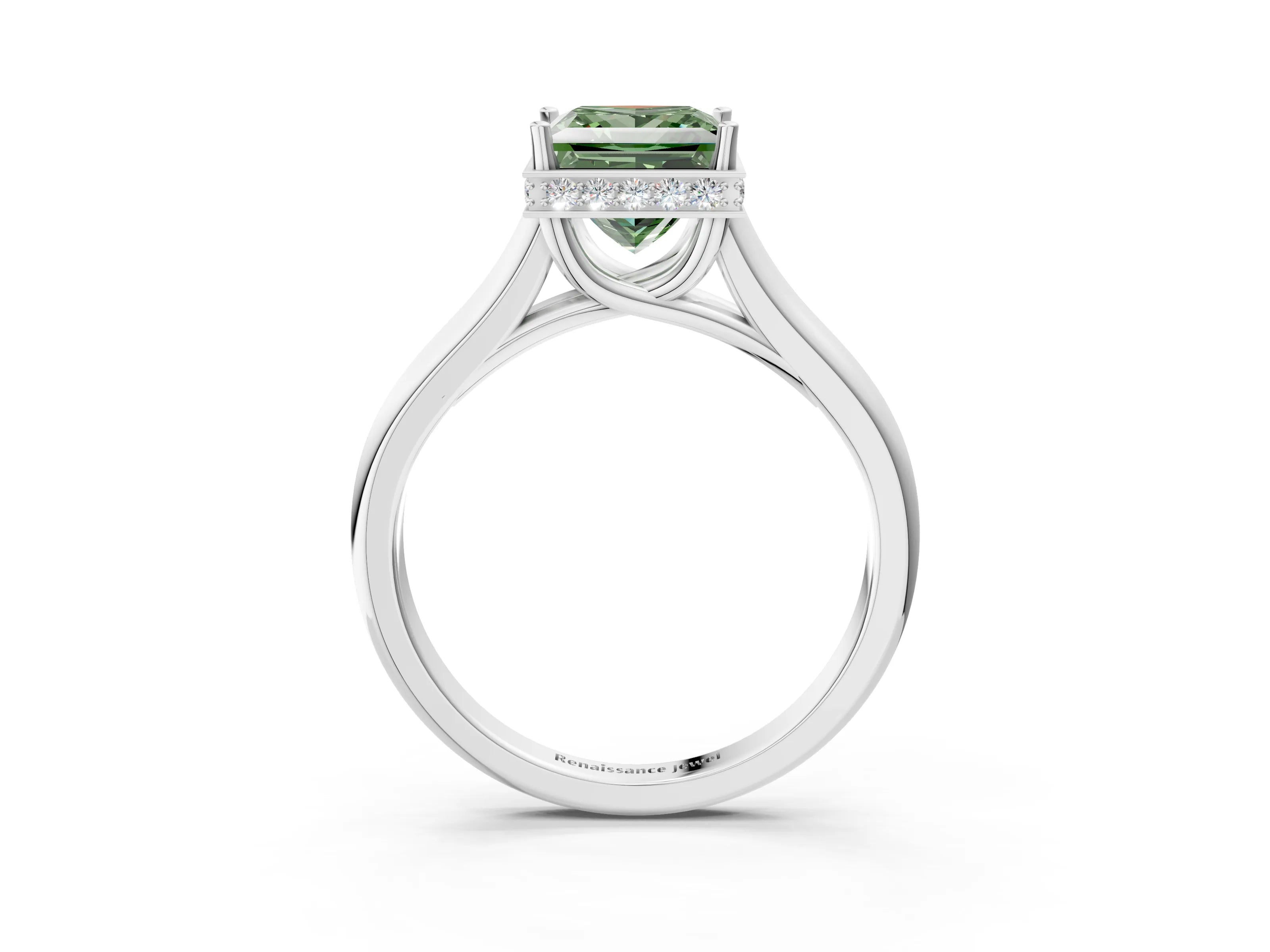 White gold Fancy Green Princess Cut Solitaire Diamond Engagement Ring with Four-Prong Setting and Tapered Band_15
