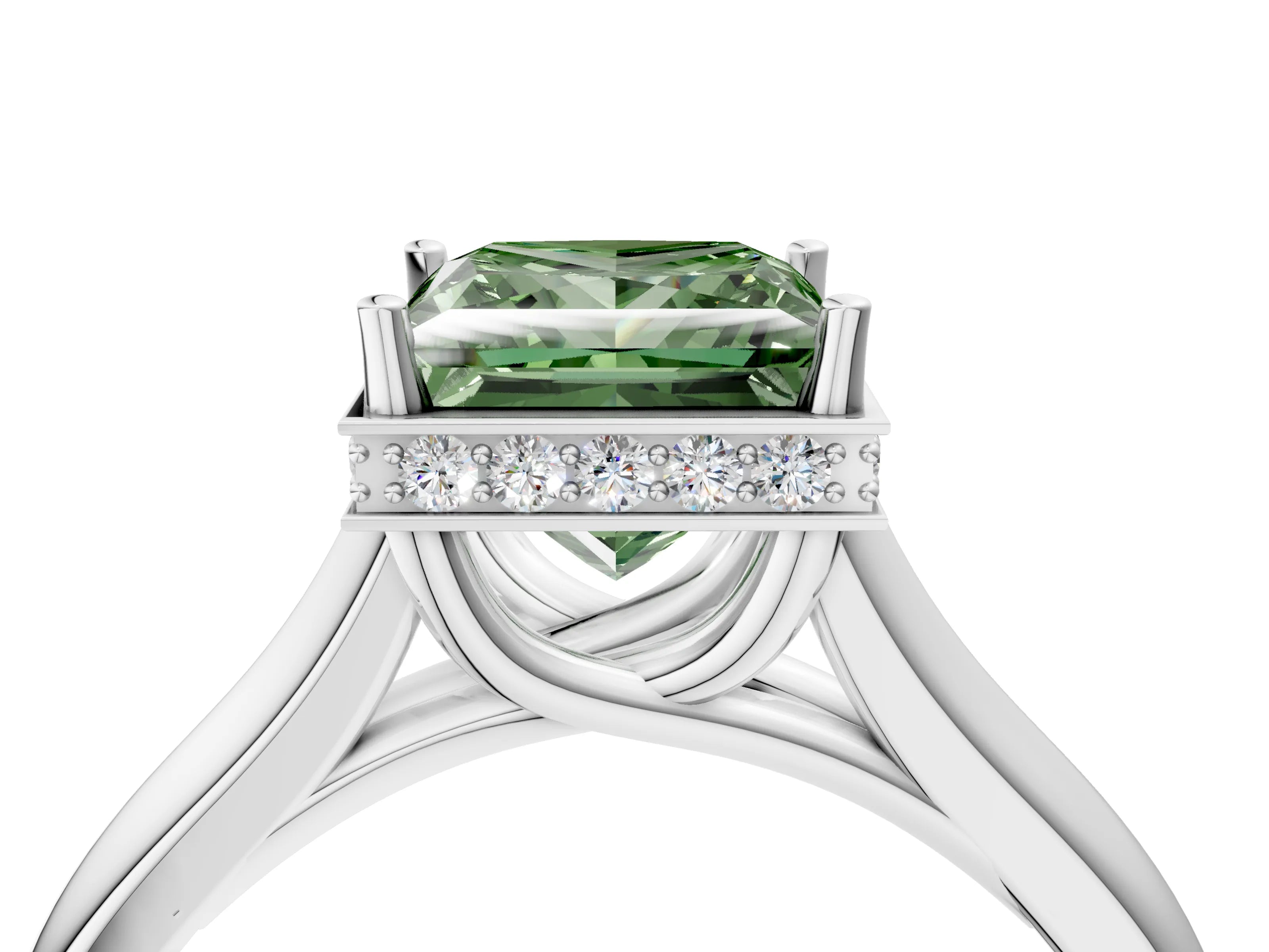 White gold Fancy Green Princess Cut Solitaire Diamond Engagement Ring with Four-Prong Setting and Tapered Band_16