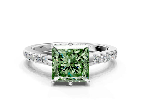 White gold Fancy Green Princess Cut Solitaire Diamond Engagement Ring with Pavé Band and Six-Prong Setting_12