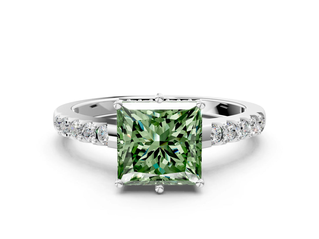 White gold Fancy Green Princess Cut Solitaire Diamond Engagement Ring with Pavé Band and Six-Prong Setting_12