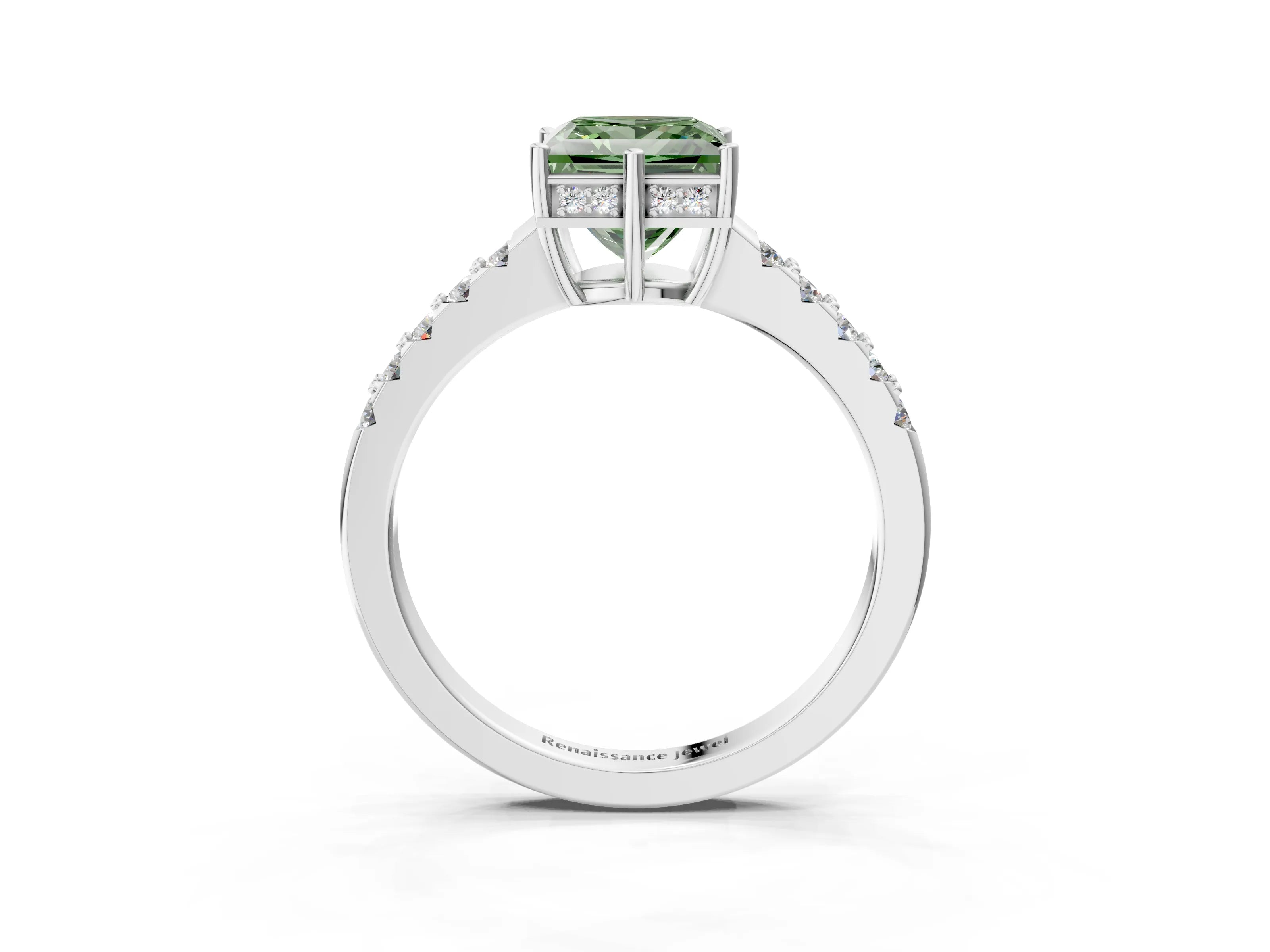 White gold Fancy Green Princess Cut Solitaire Diamond Engagement Ring with Pavé Band and Six-Prong Setting_15