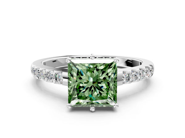 Platinum Fancy Green Princess Cut Solitaire Diamond Engagement Ring with Pavé Band and Six-Prong Setting