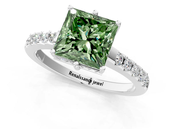 Platinum Fancy Green Princess Cut Solitaire Diamond Engagement Ring with Pavé Band and Six-Prong Setting