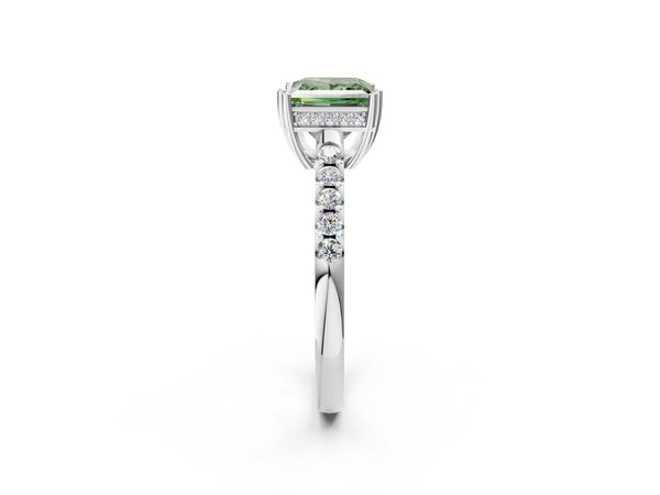 Platinum Fancy Green Princess Cut Solitaire Diamond Engagement Ring with Pavé Band and Six-Prong Setting