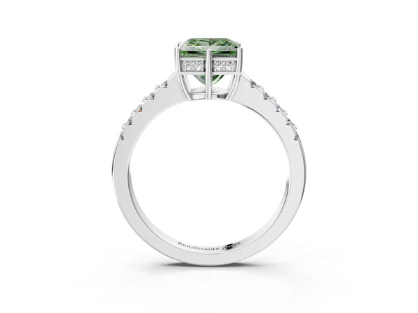 Platinum Fancy Green Princess Cut Solitaire Diamond Engagement Ring with Pavé Band and Six-Prong Setting