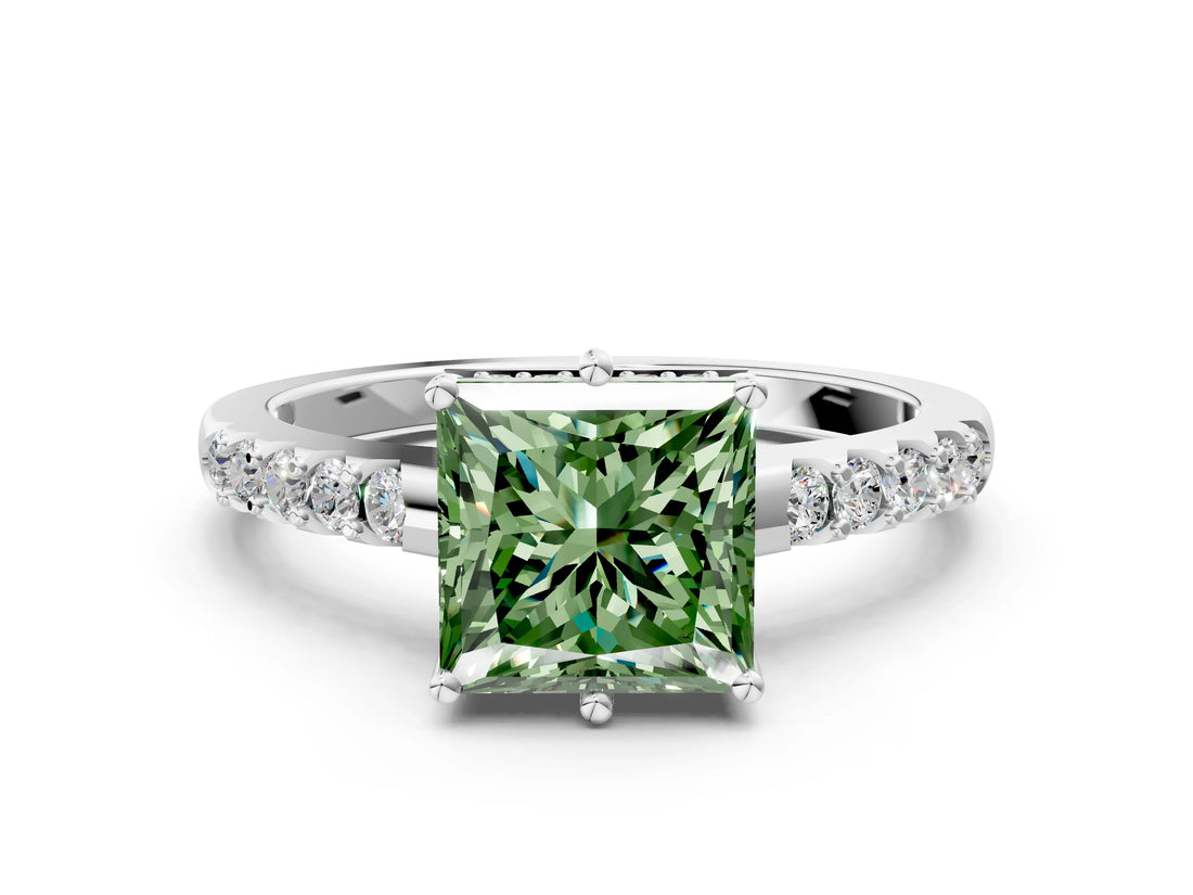 White gold Fancy Green Princess Cut Solitaire Diamond Engagement Ring with Pavé Band and Six-Prong Setting_24
