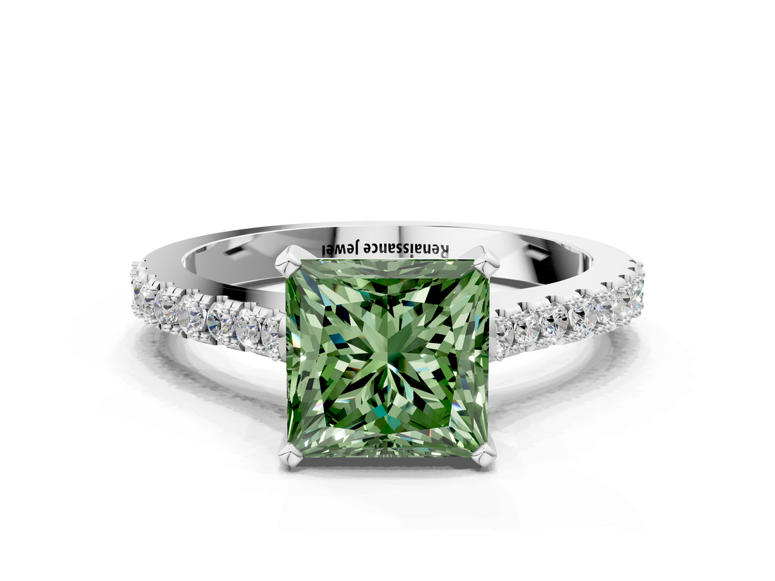 White gold Fancy Green Princess  Cut Solitaire Diamond Engagement Ring with Pave Band and Four-Prong Setting