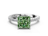 White gold Fancy Green Princess  Cut Solitaire Diamond Engagement Ring with Pave Band and Four-Prong Setting