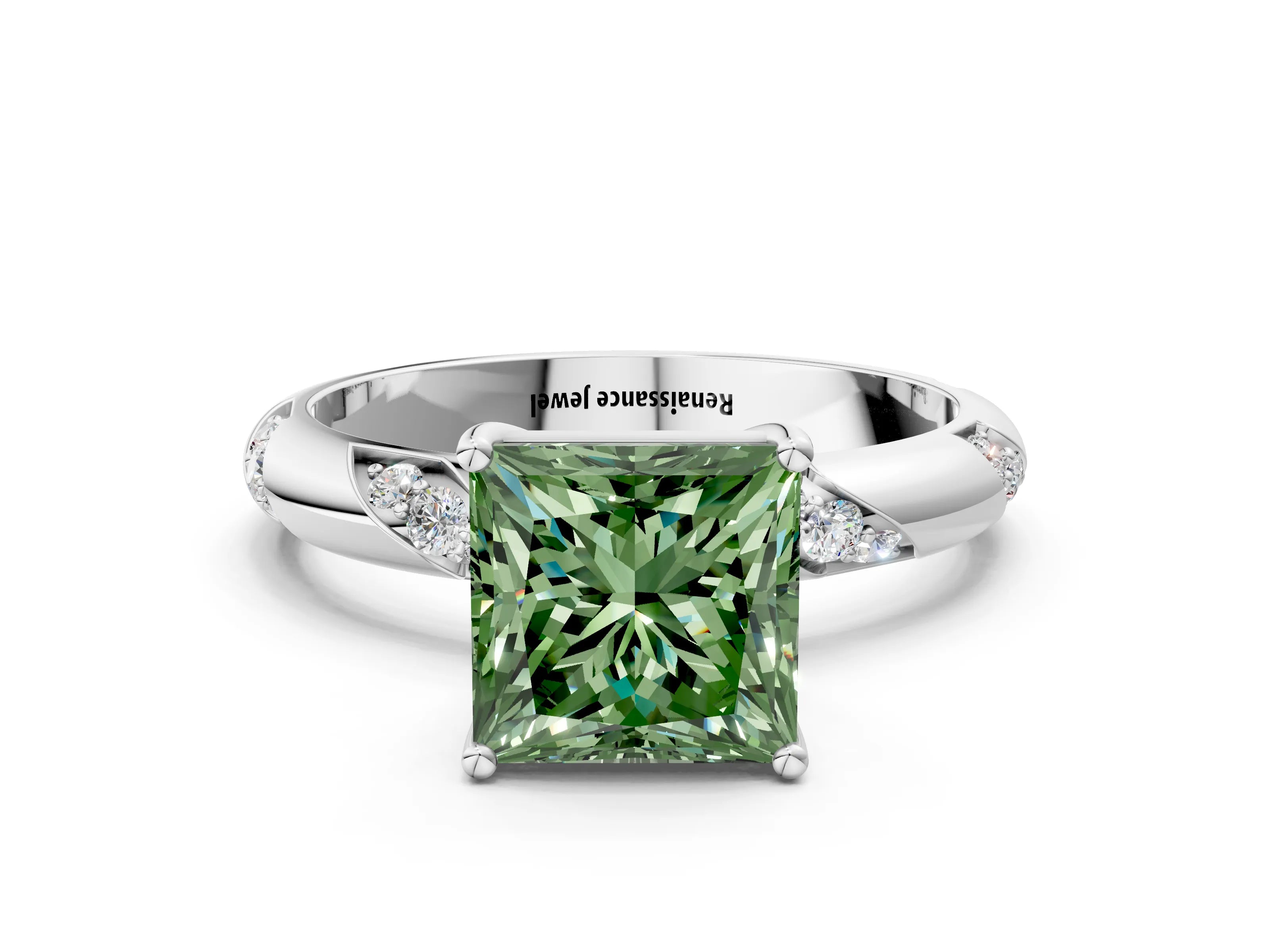 White gold Fancy Green Princess Cut Solitaire Diamond Engagement Ring with Twisted Pave Band and Four-Prong Setting_19