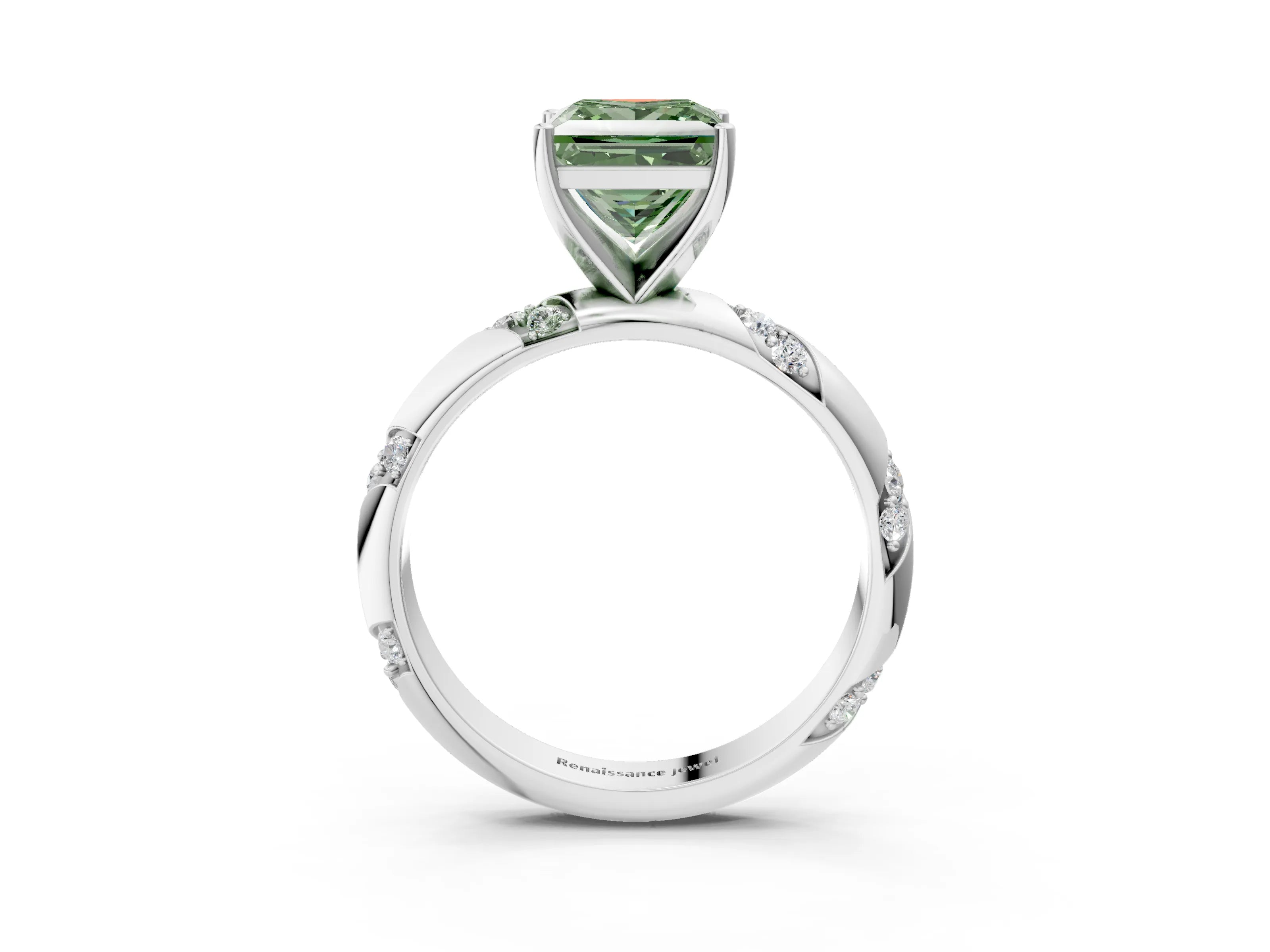 White gold Fancy Green Princess Cut Solitaire Diamond Engagement Ring with Twisted Pave Band and Four-Prong Setting_22